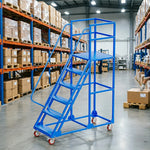 GROVIA 6 Step Mobile Steel Platform Ladder with Safety Guardrails 1.5m Platform Height for Warehouse Use - Blue