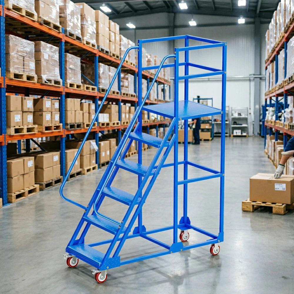 GROVIA 6 Step Mobile Steel Platform Ladder with Safety Guardrails 1.5m Platform Height for Warehouse Use - Blue
