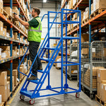 GROVIA 6 Step Mobile Steel Platform Ladder with Safety Guardrails 1.5m Platform Height for Warehouse Use - Blue