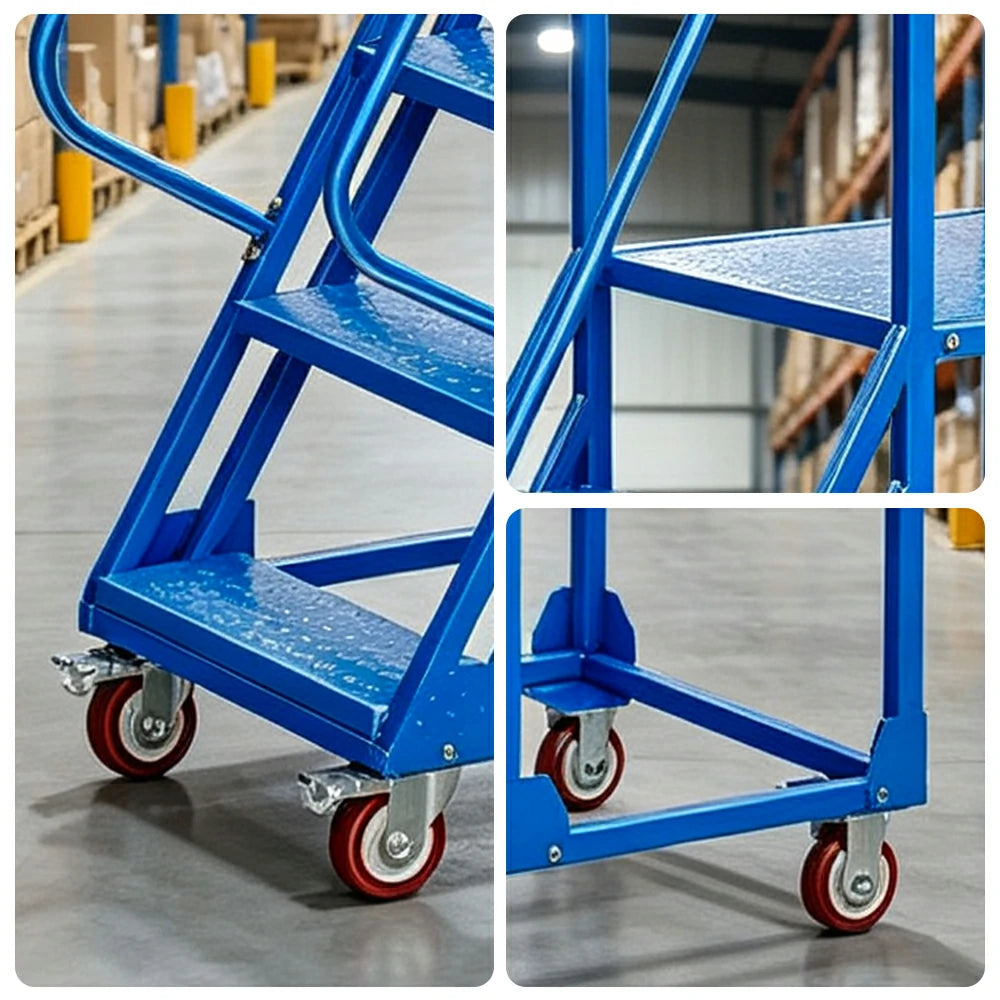 GROVIA 6 Step Mobile Steel Platform Ladder with Safety Guardrails 1.5m Platform Height for Warehouse Use - Blue