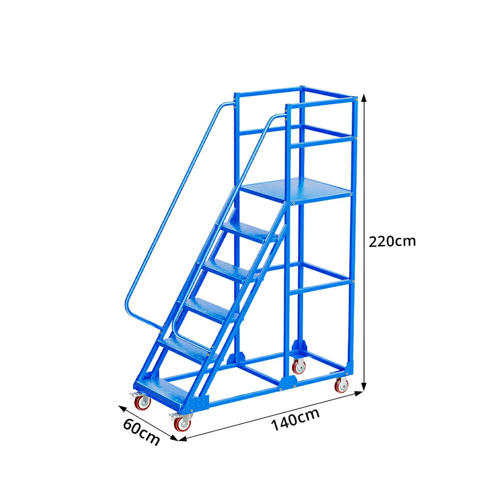GROVIA 6 Step Mobile Steel Platform Ladder with Safety Guardrails 1.5m Platform Height for Warehouse Use - Blue