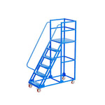 GROVIA 6 Step Mobile Steel Platform Ladder with Safety Guardrails 1.5m Platform Height for Warehouse Use - Blue