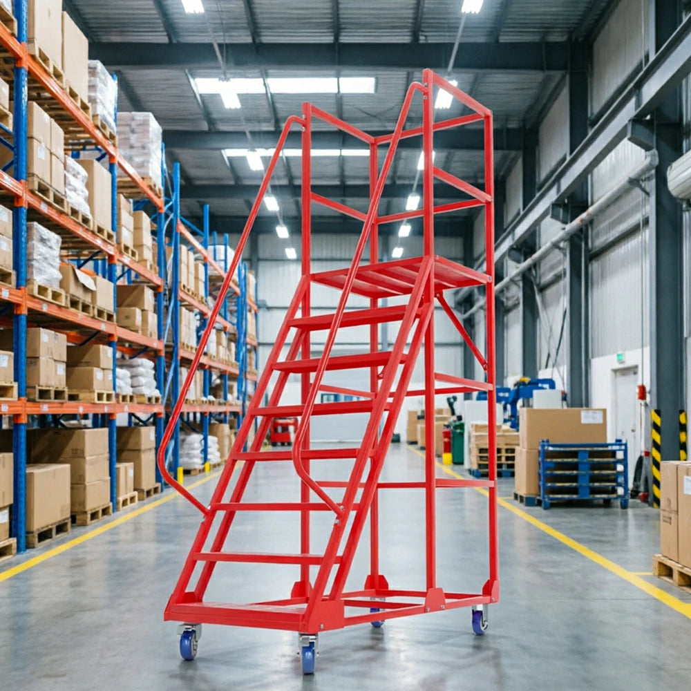 GROVIA 6 Step Mobile Steel Platform Ladder with Safety Guardrails 1.5m Platform Height for Warehouse Use - Red