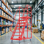 GROVIA 6 Step Mobile Steel Platform Ladder with Safety Guardrails 1.5m Platform Height for Warehouse Use - Red