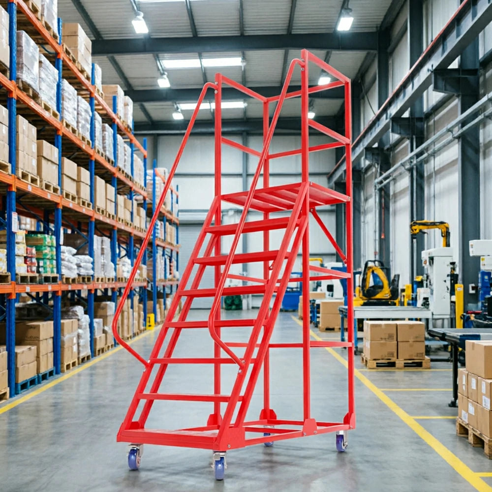 GROVIA 6 Step Mobile Steel Platform Ladder with Safety Guardrails 1.5m Platform Height for Warehouse Use - Red