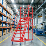 GROVIA 6 Step Mobile Steel Platform Ladder with Safety Guardrails 1.5m Platform Height for Warehouse Use - Red
