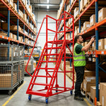 GROVIA 6 Step Mobile Steel Platform Ladder with Safety Guardrails 1.5m Platform Height for Warehouse Use - Red