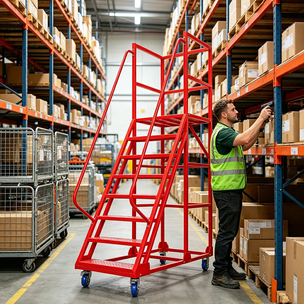 GROVIA 6 Step Mobile Steel Platform Ladder with Safety Guardrails 1.5m Platform Height for Warehouse Use - Red