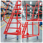 GROVIA 6 Step Mobile Steel Platform Ladder with Safety Guardrails 1.5m Platform Height for Warehouse Use - Red