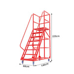 GROVIA 6 Step Mobile Steel Platform Ladder with Safety Guardrails 1.5m Platform Height for Warehouse Use - Red