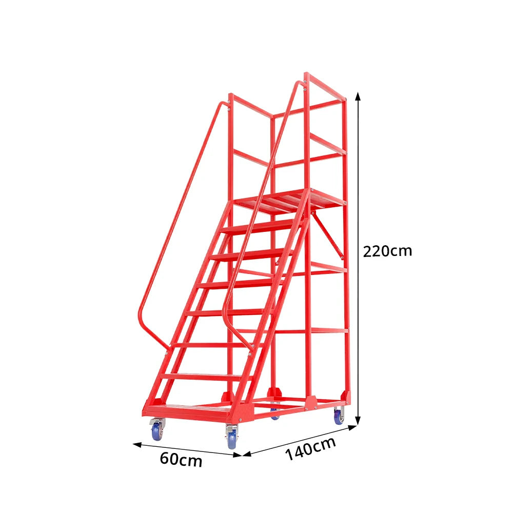 GROVIA 6 Step Mobile Steel Platform Ladder with Safety Guardrails 1.5m Platform Height for Warehouse Use - Red
