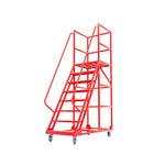 GROVIA 6 Step Mobile Steel Platform Ladder with Safety Guardrails 1.5m Platform Height for Warehouse Use - Red