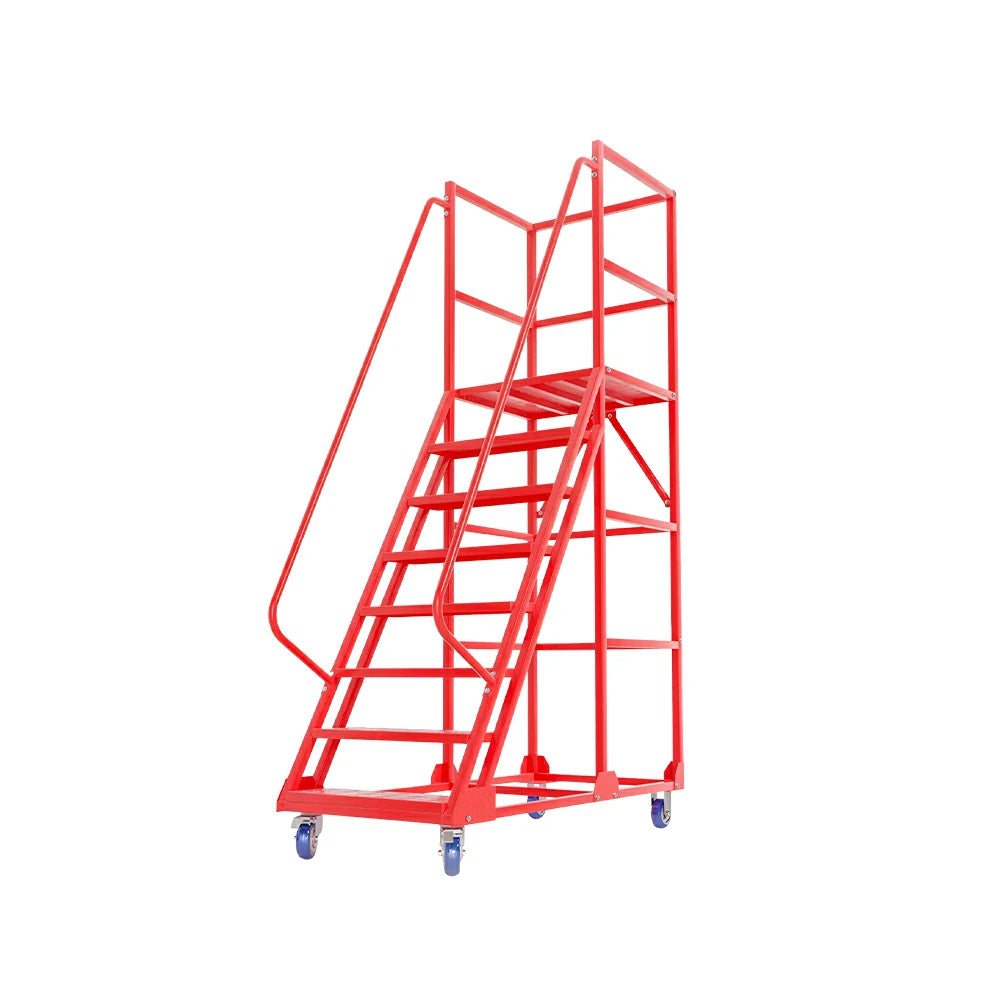 GROVIA 6 Step Mobile Steel Platform Ladder with Safety Guardrails 1.5m Platform Height for Warehouse Use - Red