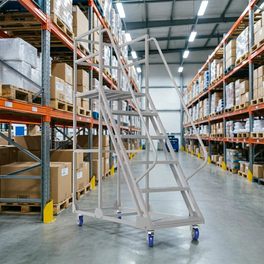 GROVIA 6 Step Mobile Steel Platform Ladder with Safety Guardrails 1.5m Platform Height for Warehouse Use - White