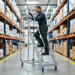 GROVIA 6 Step Mobile Steel Platform Ladder with Safety Guardrails 1.5m Platform Height for Warehouse Use - White