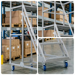 GROVIA 6 Step Mobile Steel Platform Ladder with Safety Guardrails 1.5m Platform Height for Warehouse Use - White