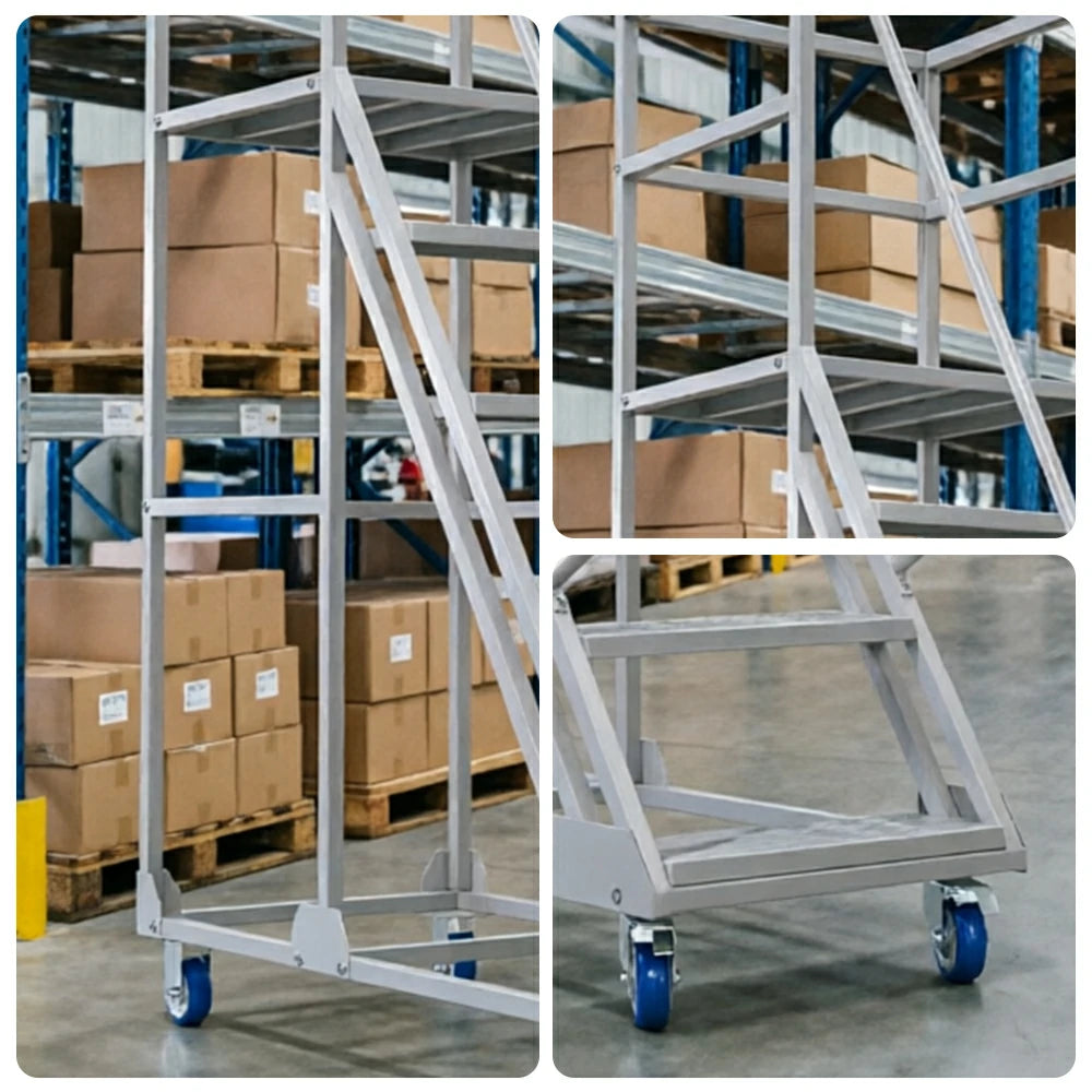 GROVIA 6 Step Mobile Steel Platform Ladder with Safety Guardrails 1.5m Platform Height for Warehouse Use - White