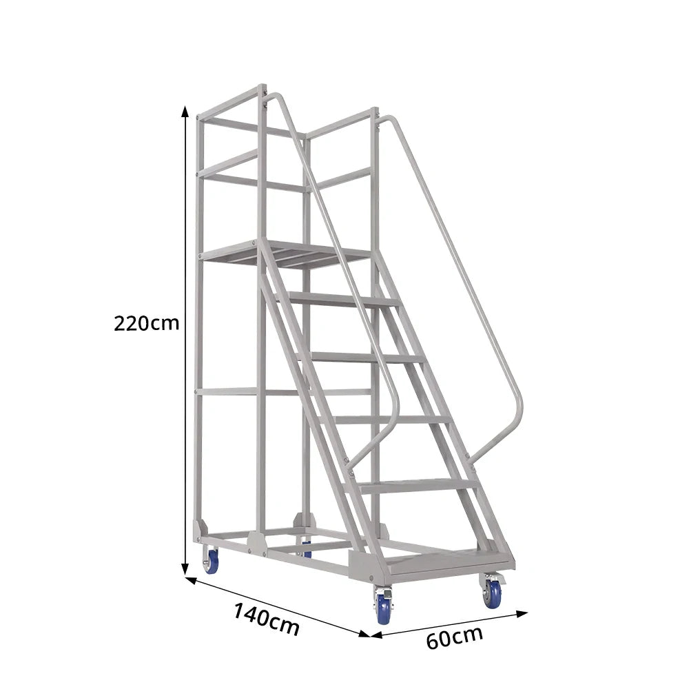 GROVIA 6 Step Mobile Steel Platform Ladder with Safety Guardrails 1.5m Platform Height for Warehouse Use - White