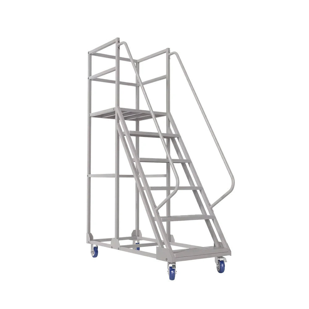 GROVIA 6 Step Mobile Steel Platform Ladder with Safety Guardrails 1.5m Platform Height for Warehouse Use - White