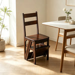 GROVIA Solid Rubber Wood 4-Step Folding Ladder Chair - 2-in-1 Household Step Stool and Seat - Walnut