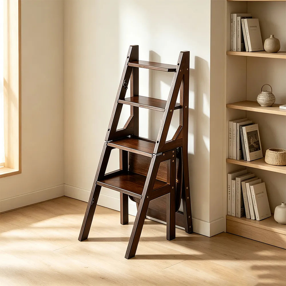 GROVIA Solid Rubber Wood 4-Step Folding Ladder Chair - 2-in-1 Household Step Stool and Seat - Walnut