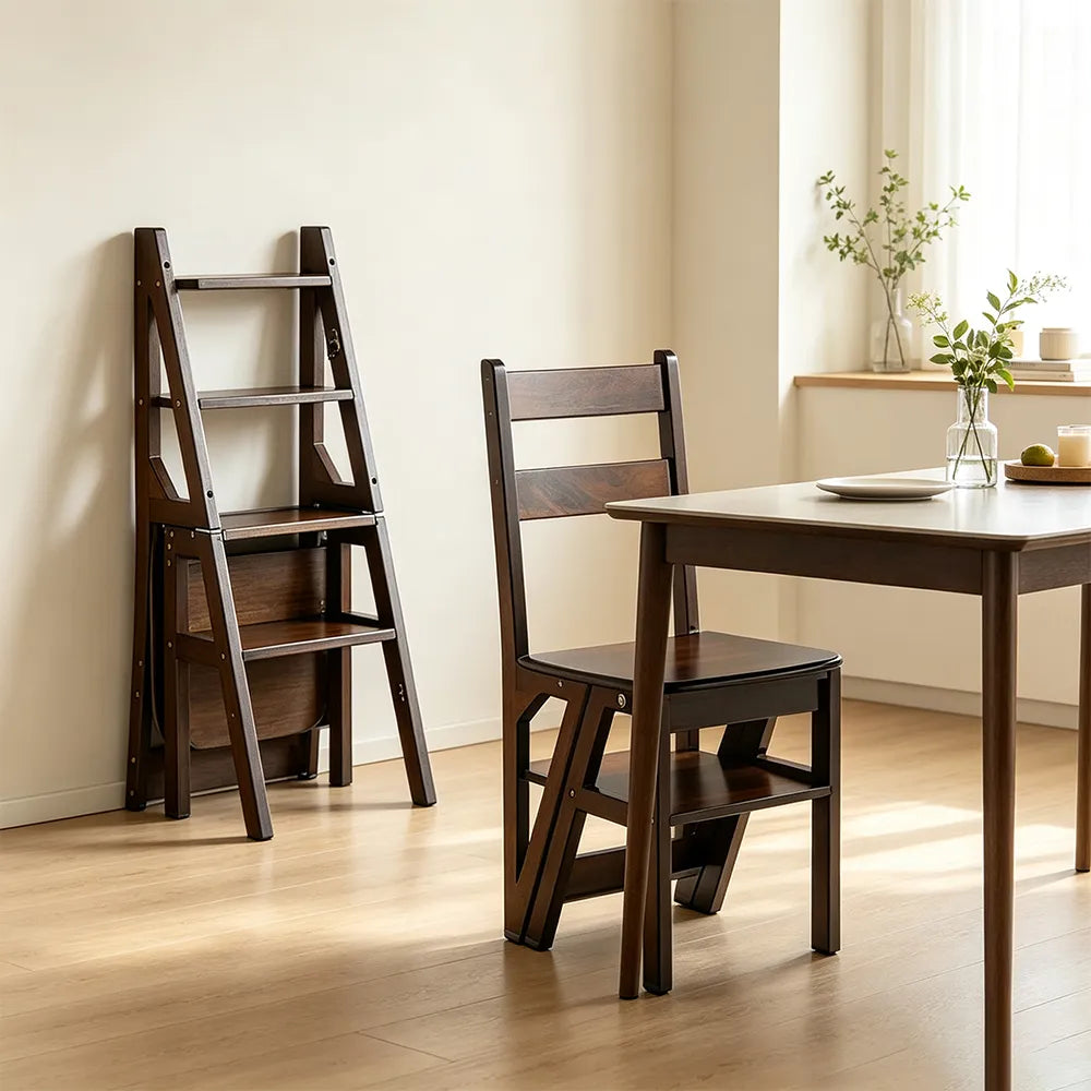 GROVIA Solid Rubber Wood 4-Step Folding Ladder Chair - 2-in-1 Household Step Stool and Seat - Walnut