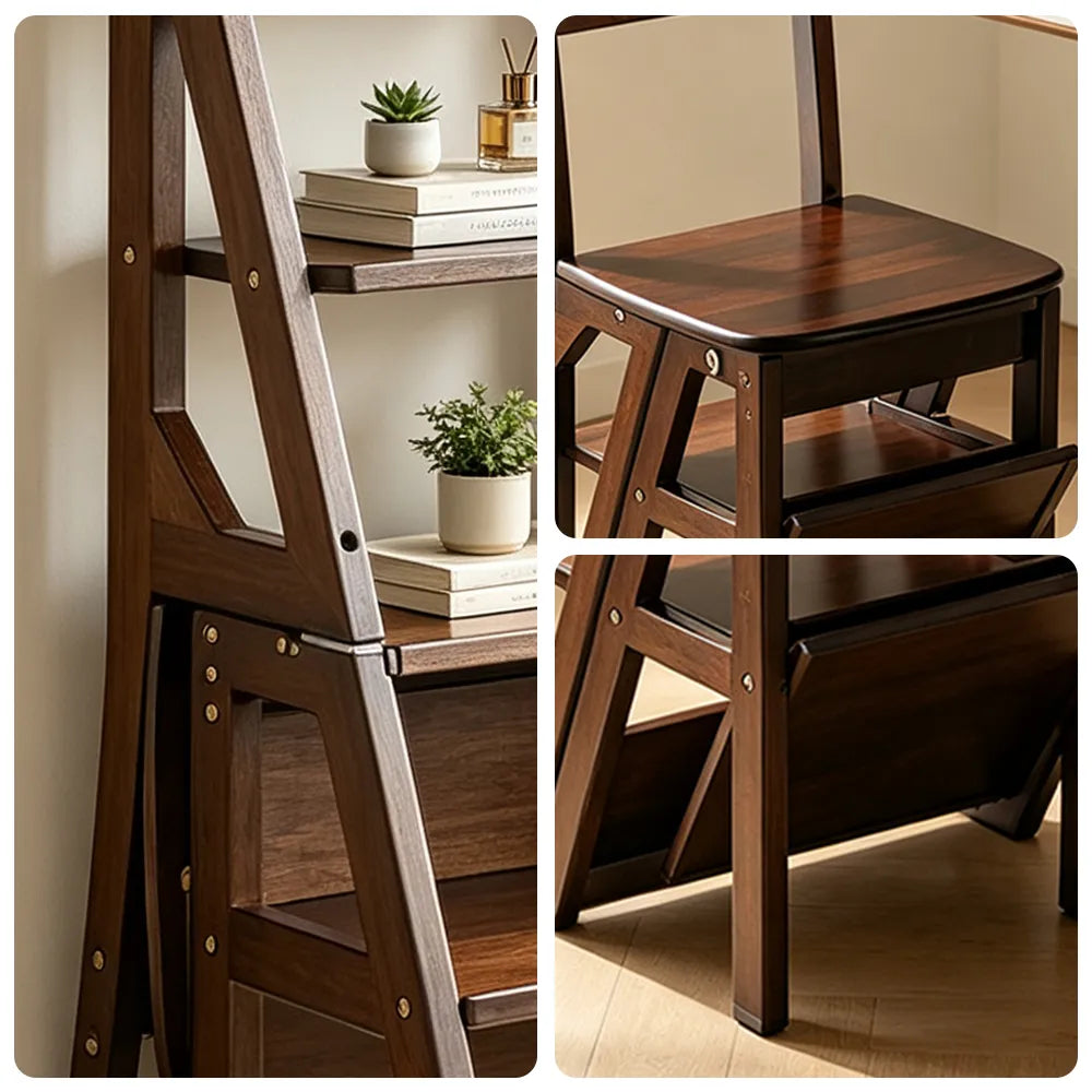 GROVIA Solid Rubber Wood 4-Step Folding Ladder Chair - 2-in-1 Household Step Stool and Seat - Walnut