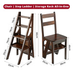 GROVIA Solid Rubber Wood 4-Step Folding Ladder Chair - 2-in-1 Household Step Stool and Seat - Walnut