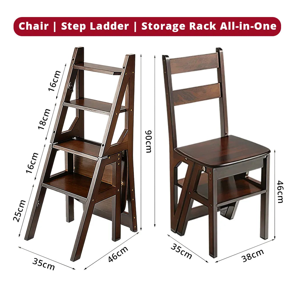 GROVIA Solid Rubber Wood 4-Step Folding Ladder Chair - 2-in-1 Household Step Stool and Seat - Walnut