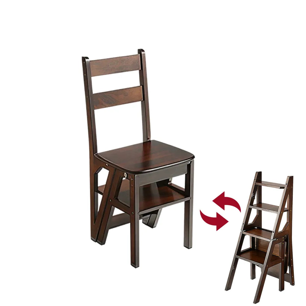 GROVIA Solid Rubber Wood 4-Step Folding Ladder Chair - 2-in-1 Household Step Stool and Seat - Walnut