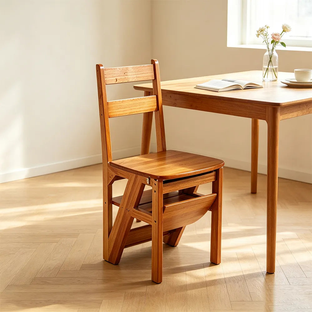 GROVIA Solid Rubber Wood 4-Step Folding Ladder Chair - 2-in-1 Household Step Stool and Seat - Yellow
