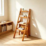 GROVIA Solid Rubber Wood 4-Step Folding Ladder Chair - 2-in-1 Household Step Stool and Seat - Yellow