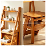 GROVIA Solid Rubber Wood 4-Step Folding Ladder Chair - 2-in-1 Household Step Stool and Seat - Yellow
