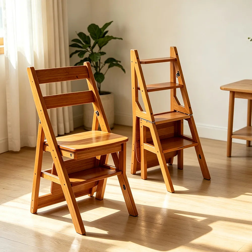 GROVIA Solid Rubber Wood 4-Step Folding Ladder Chair - 2-in-1 Household Step Stool and Seat - Yellow