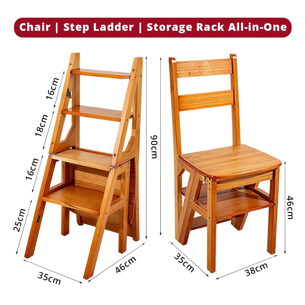 GROVIA Solid Rubber Wood 4-Step Folding Ladder Chair - 2-in-1 Household Step Stool and Seat - Yellow