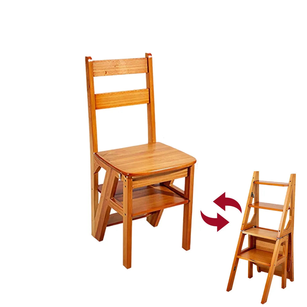 GROVIA Solid Rubber Wood 4-Step Folding Ladder Chair - 2-in-1 Household Step Stool and Seat - Yellow