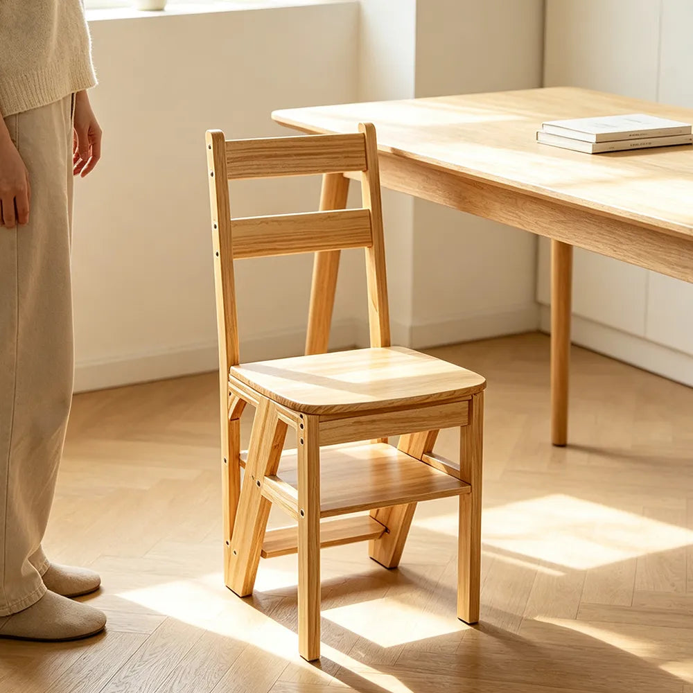GROVIA Solid Rubber Wood 4-Step Folding Ladder Chair - 2-in-1 Household Step Stool and Seat - Wood