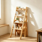 GROVIA Solid Rubber Wood 4-Step Folding Ladder Chair - 2-in-1 Household Step Stool and Seat - Wood