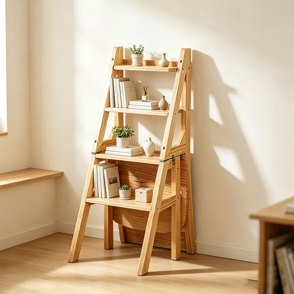 GROVIA Solid Rubber Wood 4-Step Folding Ladder Chair - 2-in-1 Household Step Stool and Seat - Wood