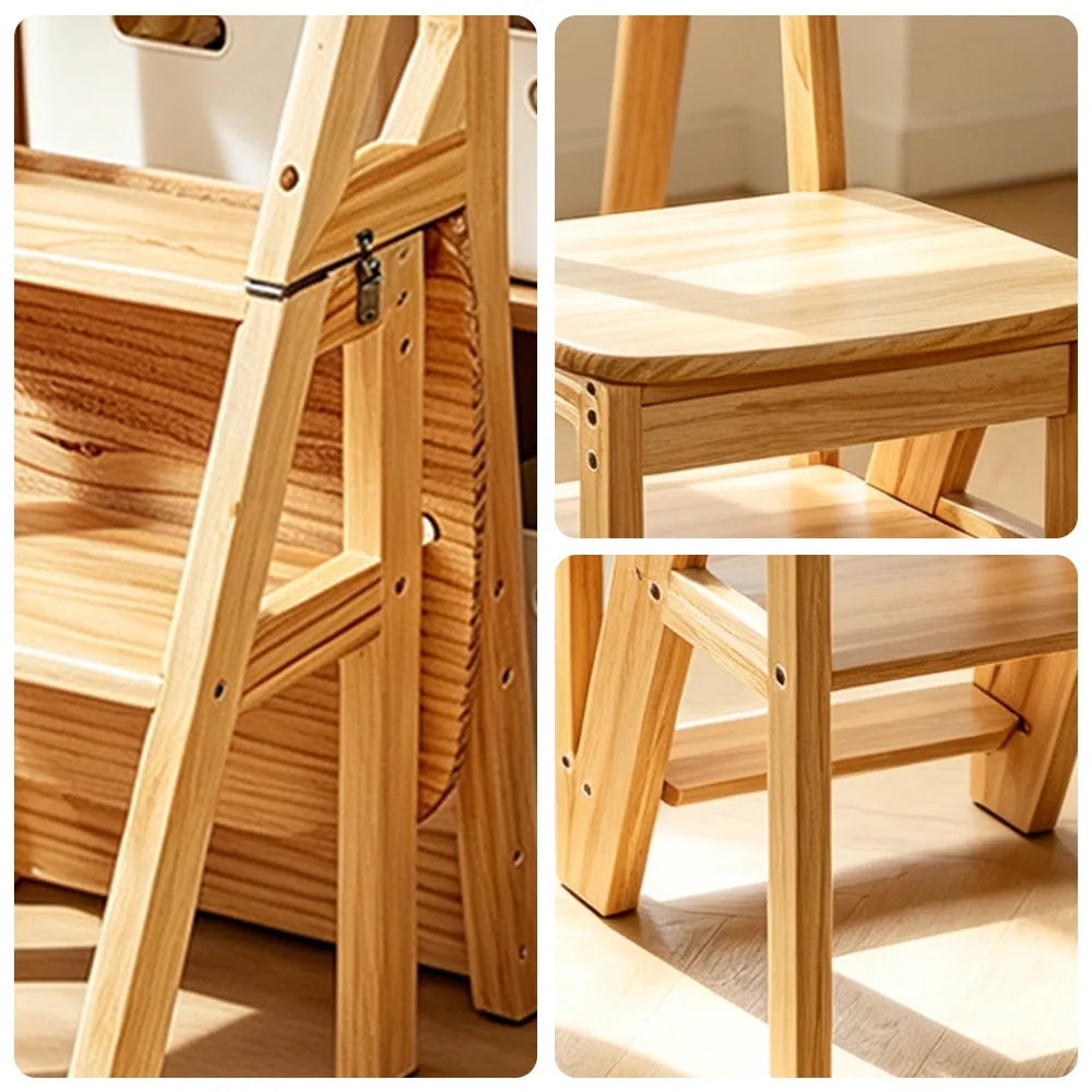 GROVIA Solid Rubber Wood 4-Step Folding Ladder Chair - 2-in-1 Household Step Stool and Seat - Wood