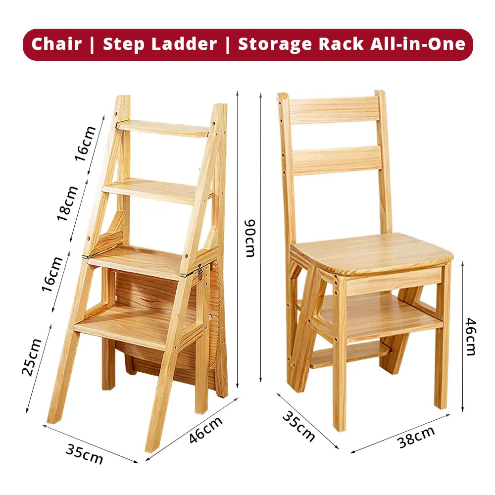 GROVIA Solid Rubber Wood 4-Step Folding Ladder Chair - 2-in-1 Household Step Stool and Seat - Wood