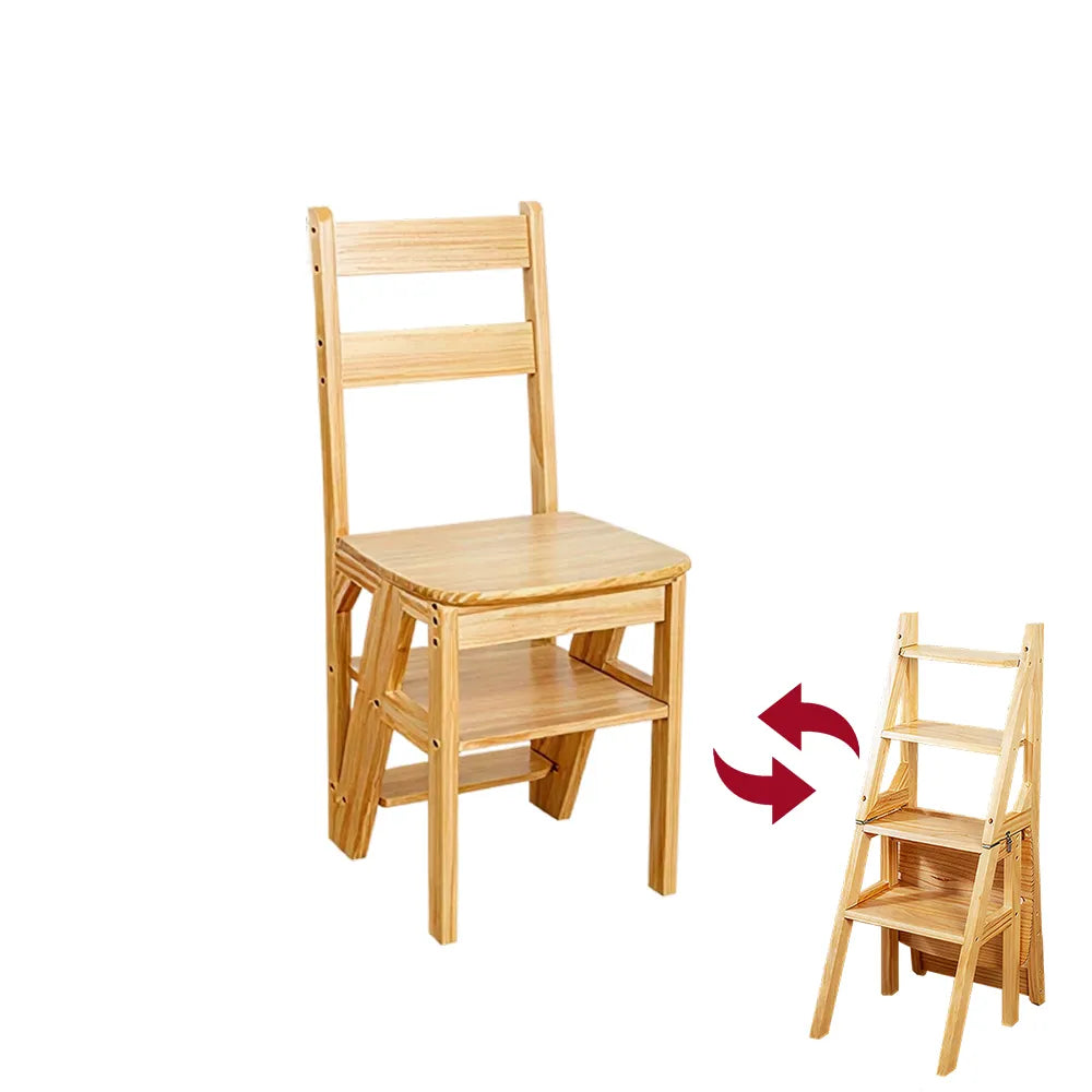 GROVIA Solid Rubber Wood 4-Step Folding Ladder Chair - 2-in-1 Household Step Stool and Seat - Wood