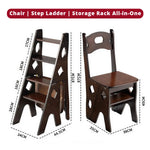 GROVIA Imported Solid Pine 4-Step Folding Ladder Chair - 3-in-1 Step Stool, Seat & Storage Rack - Walnut