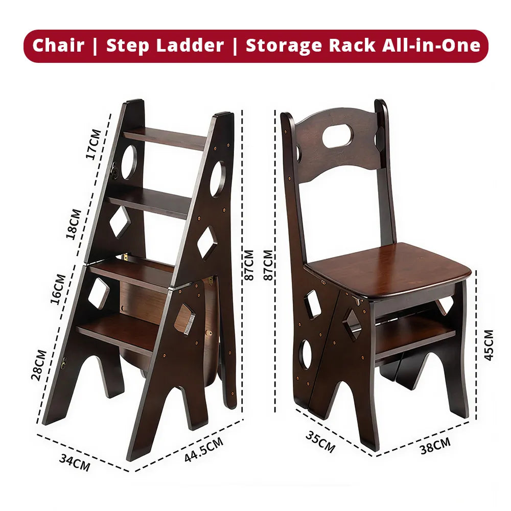 GROVIA Imported Solid Pine 4-Step Folding Ladder Chair - 3-in-1 Step Stool, Seat & Storage Rack - Walnut