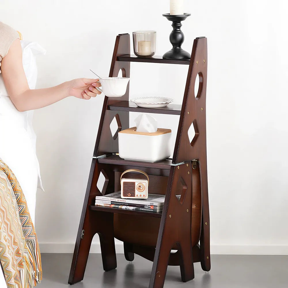 GROVIA Imported Solid Pine 4-Step Folding Ladder Chair - 3-in-1 Step Stool, Seat & Storage Rack - Walnut