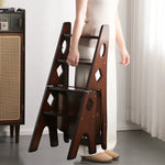 GROVIA Imported Solid Pine 4-Step Folding Ladder Chair - 3-in-1 Step Stool, Seat & Storage Rack - Walnut