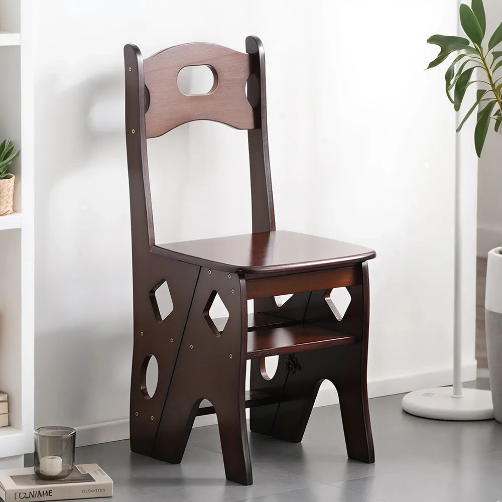 GROVIA Imported Solid Pine 4-Step Folding Ladder Chair - 3-in-1 Step Stool, Seat & Storage Rack - Walnut