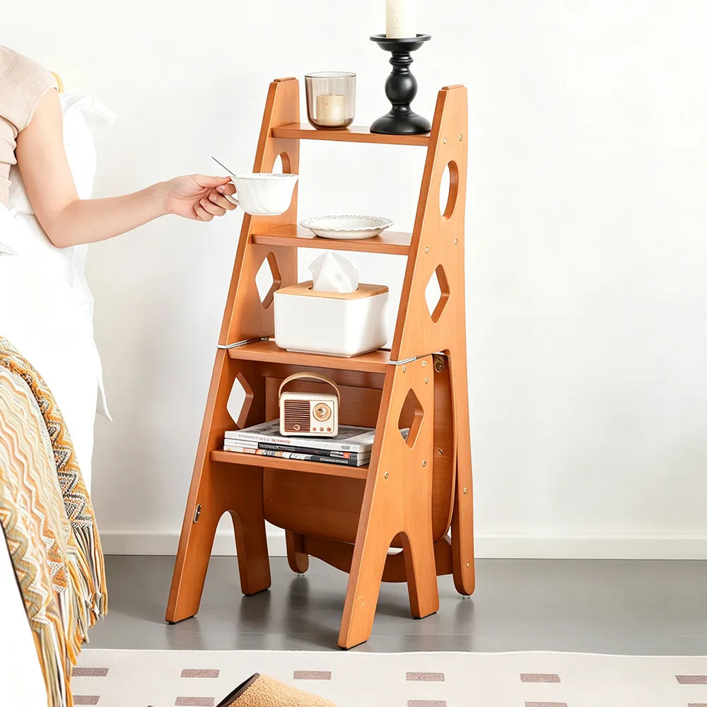 GROVIA Imported Solid Pine 4-Step Folding Ladder Chair - 3-in-1 Step Stool, Seat & Storage Rack - Yellow