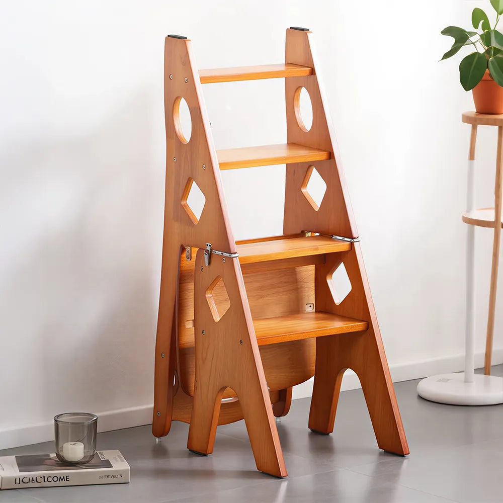 GROVIA Imported Solid Pine 4-Step Folding Ladder Chair - 3-in-1 Step Stool, Seat & Storage Rack - Yellow