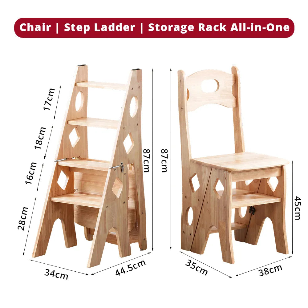 GROVIA Imported Solid Pine 4-Step Folding Ladder Chair - 3-in-1 Step Stool, Seat & Storage Rack - Wood